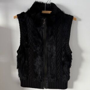 BCBGMaxAzria Black Faux Fur & Cable Knit Zip-Up Vest